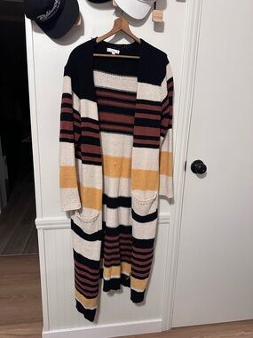 Striped Open-Front Long Cardigan Sweater - Cream, Mustard & Black